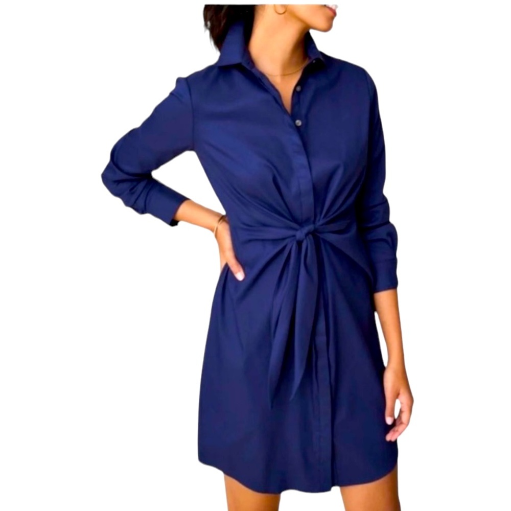 UNTUCKit Amelia Wrap Tie Front Button Down Shirtdress Dress Navy Blue 14